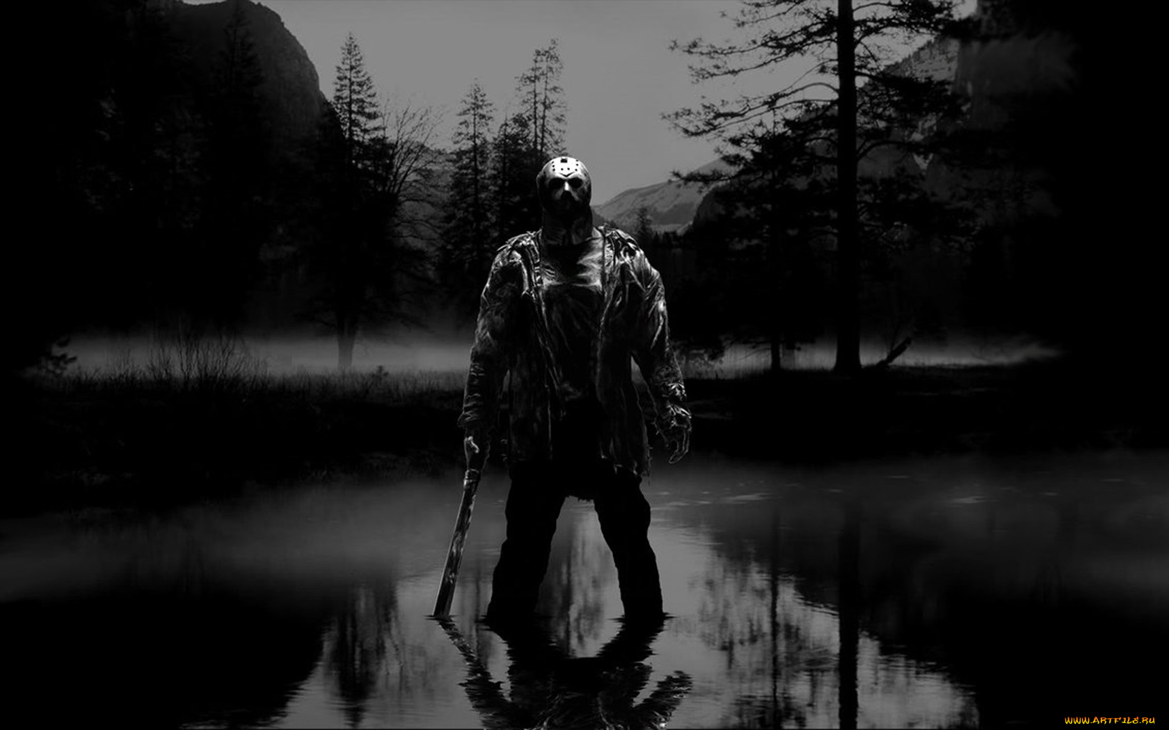 Обои Пятница 13-е Кино Фильмы Friday the 13th, обои для рабочего стола,  фотографии пятница, 13, кино, фильмы, friday, the, 13th, джейсон, вурхиз, 13-е,  jason, voorhees, лес, воды, мачете Обои для рабочего стола,